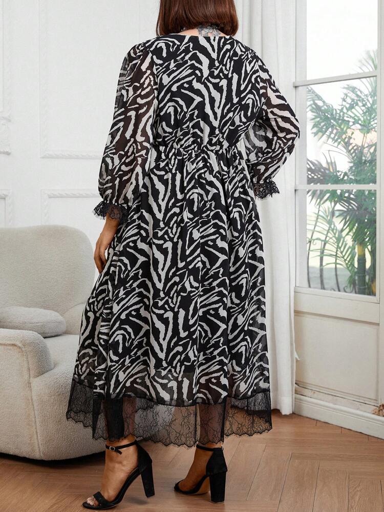 Plus Size Women's Casual Patchwork Lace Sleeve Cuff Zebra Stripe Dress