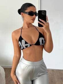 SHEIN ICON Y2k夏季反光字母印花三角胸衣頸掛式短款女式上衣 - 黑色 - 查看 5