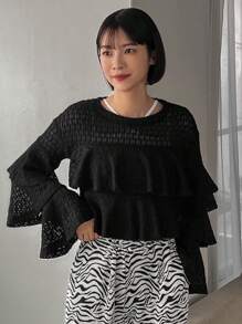 FRIFUL Ladies' Perspective Double Layer Ruffle Hem T-Shirt Long Sleeve Women Tops