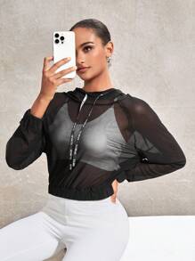 SHEIN Sports Drawstring Hooded Raglan Sleeve Sports Sweatshirt - Black - View 1