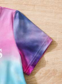 SHEIN 青少女蝴蝶圖案扎染織物細節短袖t恤和短褲2件套裝,夏天 - 彩色 - 查看 7