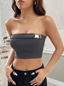 SHEIN EZwear Gray Knitted Strapless Women' Top - Grey - View 3