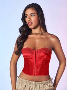 SHEIN BAE Lace Patchwork Women's Bustier Top With Button Fastening - Red - View 7