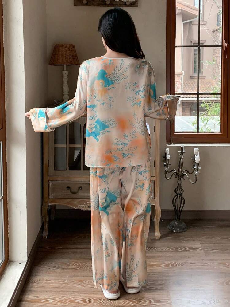 Chinese Style Contrast Piping Printed Pajama Set