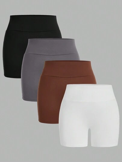 SHEIN EZwear 4 chiếc quần short nữ cỡ lớn cạp cao ôm sát, thích hợp cho mùa hè