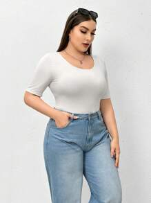 SHEIN Essnce Plus Size Women's Summer Curve 2pcs Solid Color Short Sleeve Round Neck Bodysuit - Multicolor - View 5