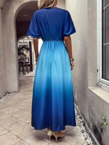 SHEIN LUNE Women's Gradient V-Neck Wrap Dress With Slit - Blue - View 2