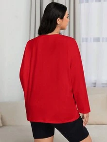SHEIN LUNE 大碼女士豹紋愛心長袖t恤 - 紅色 - 查看 2