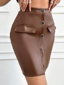 RueChic Button Front Flap Detail PU Leather Skirt