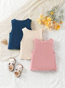 Baby Girl Simple Casual Solid Textured Button Detail Tank Top For Daily Wear - Multicolor - View 2