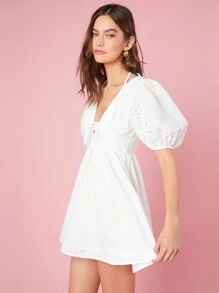Enchnt Summer  Ladies' Solid Color Hollow Out Embroidery Puff Sleeve Dress - White - View 5