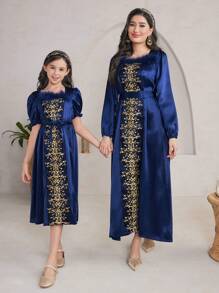 Al Najma Women's Embroidery Detail Patchwork Dress, Modest - Royal Blue - View 3