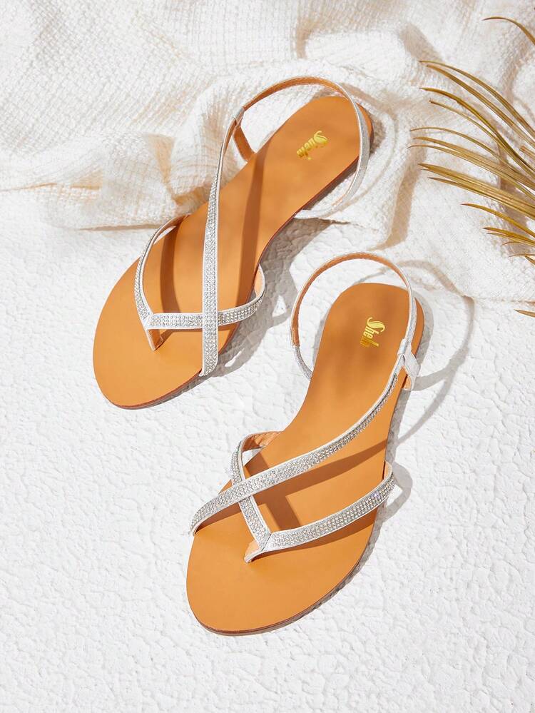 Flat Round Toe Rhinestone Decor Party Sandals With Ankle Strap For Women'S Holiday Look