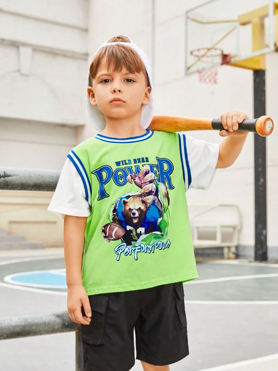 SHEIN Young Boy Loose Fit Casual Round Neck Two-In-One Design T-Shirt With Printed Pattern