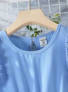 Tween Girls' Double Layer Ruffle Sleeve And Pleated Hem Swing Dress,Holiday Summer Travel - Blue - View 5