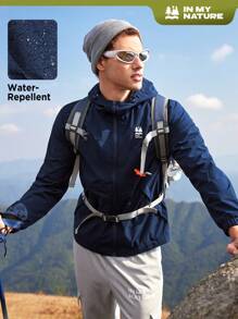 SHEIN In My Nature Men's Hooded Soft Shell Jacket With Small Print - Navy Blue - View 1