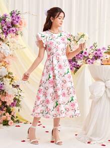 SHEIN Teen Girls' Knit Texture & Jacquard Floral Printed Cap Sleeve A-Line Dress - Multicolor - View 5