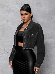 SHEIN SXY Flap Detail And Frayed Hem Decorated Denim Jacket