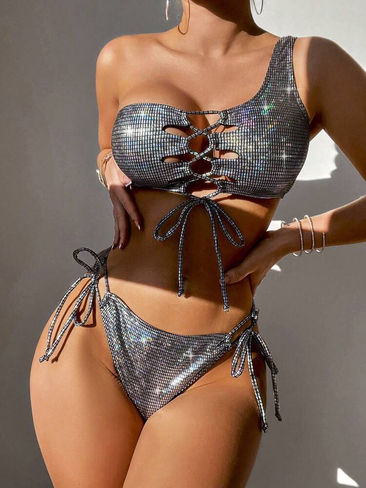 One-Shoulder Strap Hollow Out Bikini Set Summer