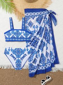 SHEIN Tween Girls' Floral Printed Bikini Swimwear Set - White - View 1