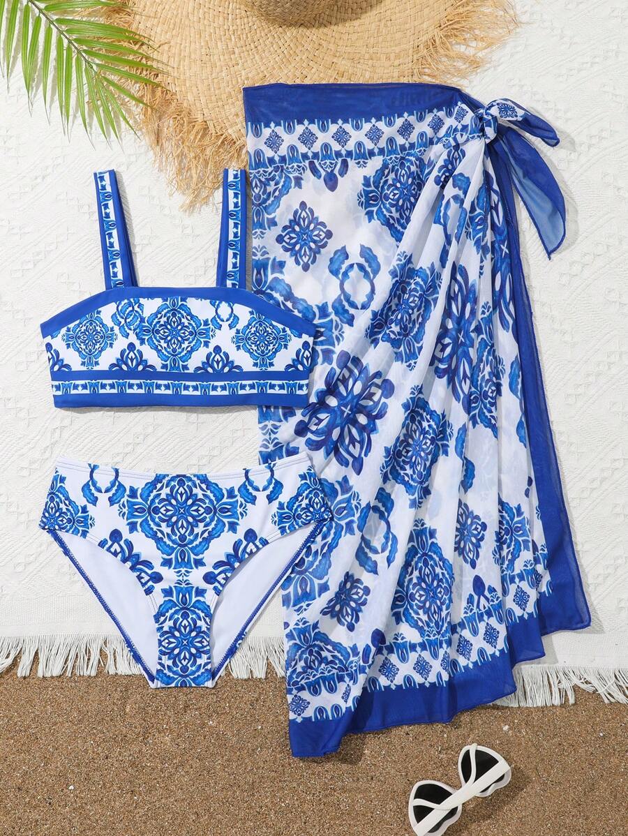 SHEIN Tween Girls' Floral Printed Bikini Swimwear Set - White - View 1