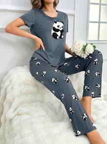 Ladies' Panda Printed Short Sleeve And Long Pants Pajama Set