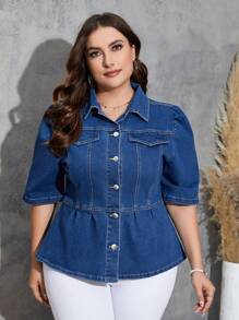 SHEIN LUNE Kích thước lớn Thon gọn Đàn hồi Ngắn tay Áo khoác denim - Màu xanh lam - Xem 1