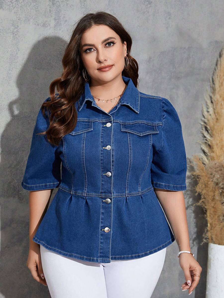 SHEIN LUNE Kích thước lớn Thon gọn Đàn hồi Ngắn tay Áo khoác denim - Màu xanh lam - Xem 1