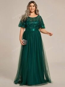 EVERPRETTY Plus Leaf Sequin Bodice Mesh Prom Elegant Bridesmaid Dress