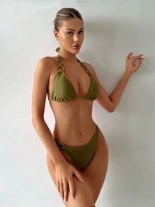 SHEIN Swim Bộ bikini dây buộc cổ dành cho nữ đi biển mùa hè Chi tiết Cutout Monokini Bikini - Màu xanh Ô liu - Xem 3