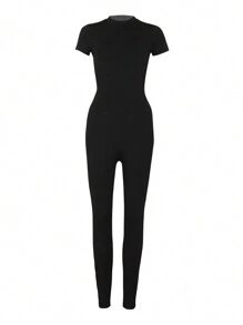 INAWLY 女士純色露背貼身連身褲 - 黑色 - 查看 5