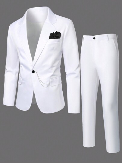 Manfinity Mode Men's Single-Breasted Formal Suit With Button, Men White Suit Set