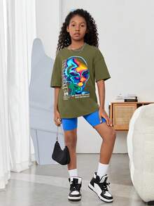 SHEIN Cô gái Tween Giải trí Đan Ngắn tay Áo thun Với In Slogan - xanh quân đội - Xem 5