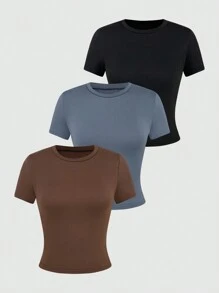 SHEIN Privé 女士簡約無背心、彈性短袖t恤,二件套裝 - 彩色 - 查看 3