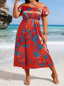 SHEIN Clasi Plus Size Tropical Print Cross Halterneck Short Sleeve Flare Dress - Multicolor - View 5