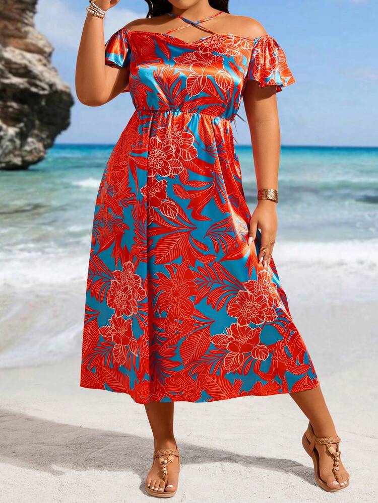 Plus Size Tropical Print Cross Halterneck Short Sleeve Flare Dress