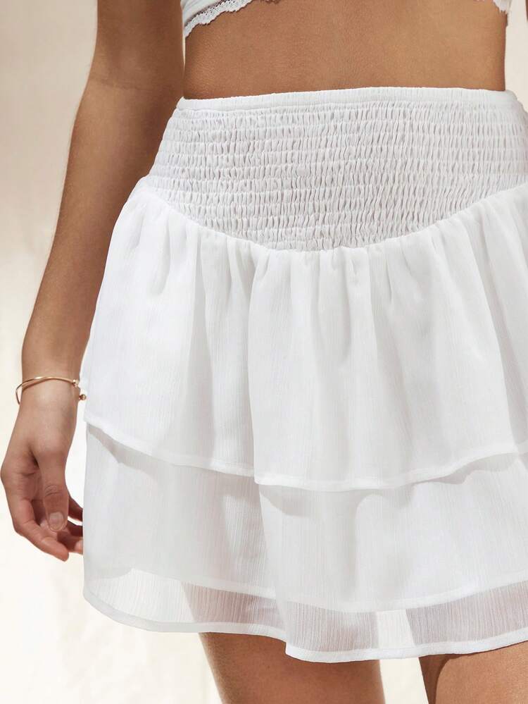 Women's Shirred Waist Ruffles Hem Layered Skirt