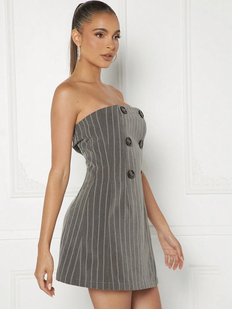 Stripped Double Breasted Tube Dress