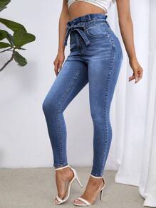SHEIN Essnce High Waist Belted Skinny Jeans - Medium Wash - View 3