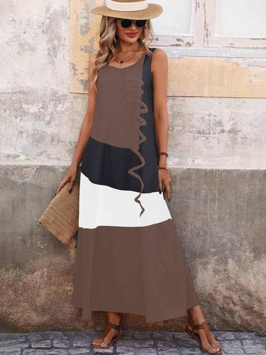EMERY ROSE Color Block Sleeveless A-Line Dress With Hidden Pockets - Mocha Brown - View 1