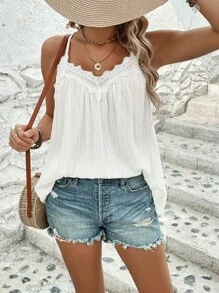 Breezaya Solid Color V-Neck Thin Strap Lace Patchwork Camisole