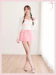 SHEINNeu 夏季白色上衣芭蕾蝴蝶结甜美可爱粉色蕾丝边丝带大圆领长袖 T 恤 - 白色 - 查看 5