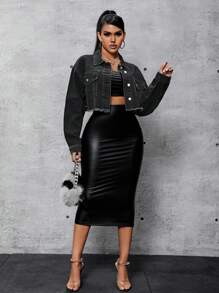 SHEIN SXY Flap Detail And Frayed Hem Decorated Denim Jacket