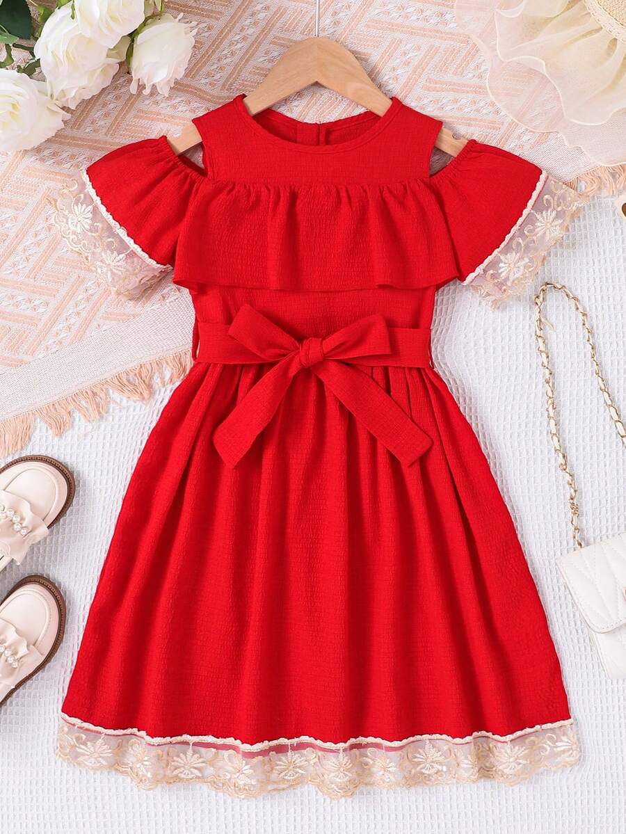SHEIN Young Girls' Cold-Shoulder Red Dress With Ruffled Hemline - Red - View 1