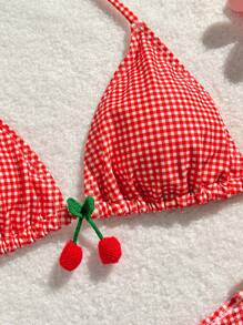 Swim Mod 夏季海滩格子两件套比基尼套装情人胸罩和比基尼套装底部比基尼套装 - 紅白色 - 查看 3