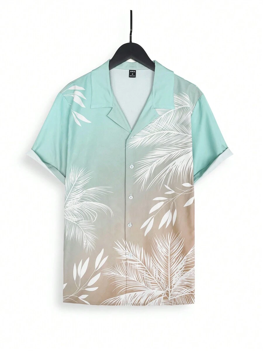 男士漸變色植物印花短袖襯衫 - 彩色 - 查看 1