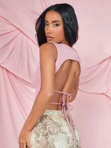 SHEIN BAE Summer Tank Tops  Valentine Day Tops Pink Tops  Backless  Tops - Dusty Pink - View 1