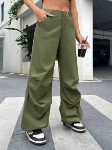 SHEIN EZwear Pantalón Verde De Pierna Ancha Tejido Con Bolsillos Inclinados Y Un Estilo Relajado - Verde - Ver 5