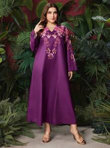 Al Najma Plus Size Women's Arabic Clothing With Floral Print - Red Violet - View 3