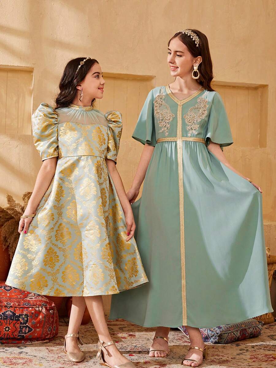 SHEIN Leap Crew Teen Girls' Bohemian Patckwork Belt Short Sleeve Long Green Dress For Holiday Church Dresses - Green - View 1